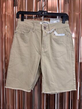 Dollhouse Tan High-Rise Bermuda Shorts with Frayed Hem